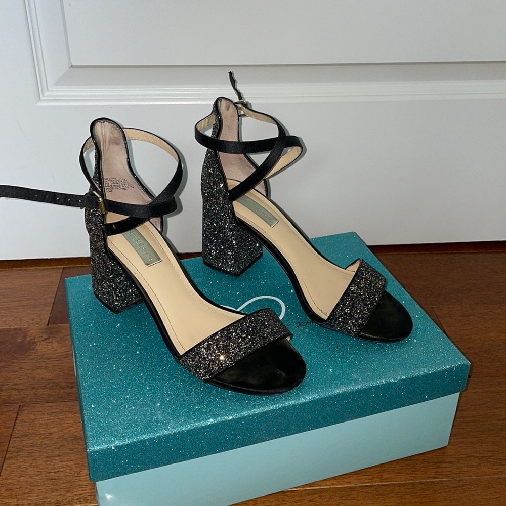 Betsy Johnson black block glitter heels size 7 1/2 women cokes with original box